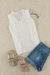 White V Neck Sleeveless Lace Top for Summer