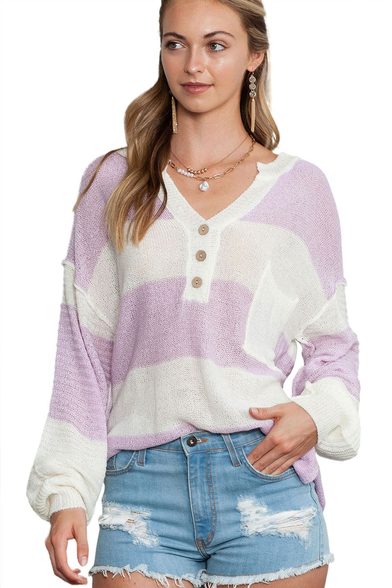 Pink Striped Long Sleeve Henley Knit Sweater with Slits