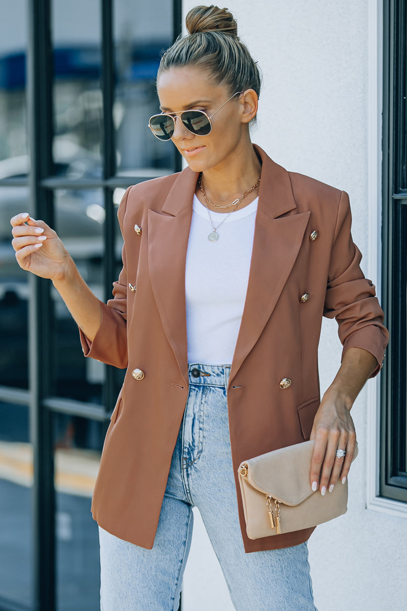 Double Breasted Lapel Neck Flap Pocket Casual Brown Blazer for Women