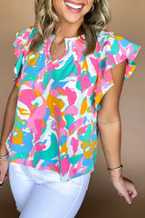 Multicolour Abstract Print Smocked Notched Neck Ruffle Blouse