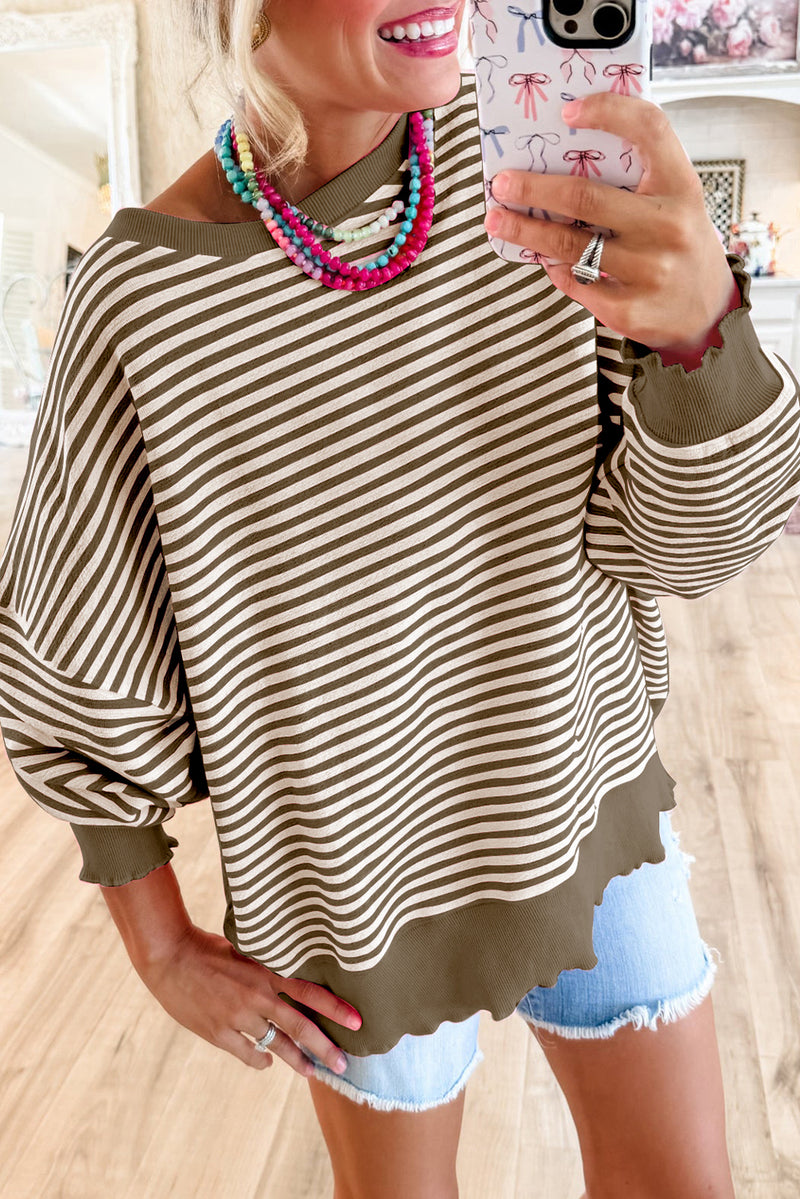 Green Stripe Drop Shoulder Long Sleeve Top