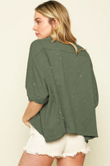 Green Half Sleeve Distressed Asymmetrical Top