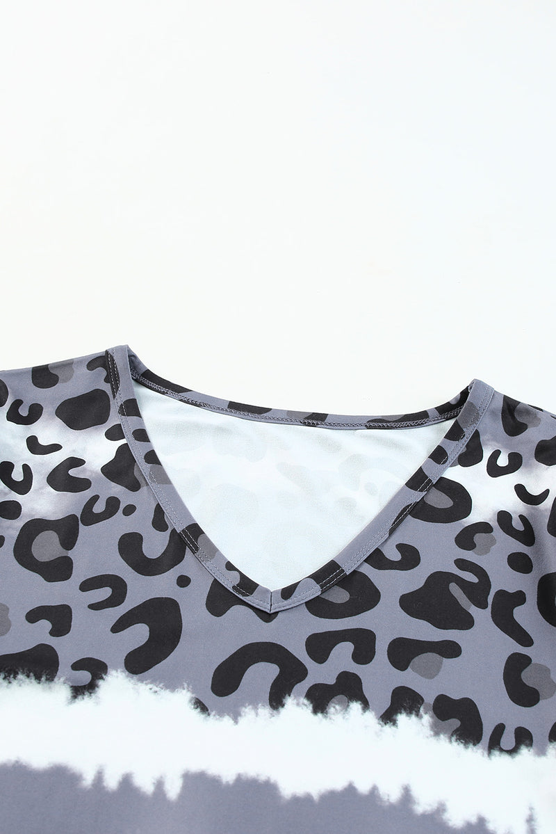 Wholesale Gray Tie Dye Leopard Print V Neck T Shirt