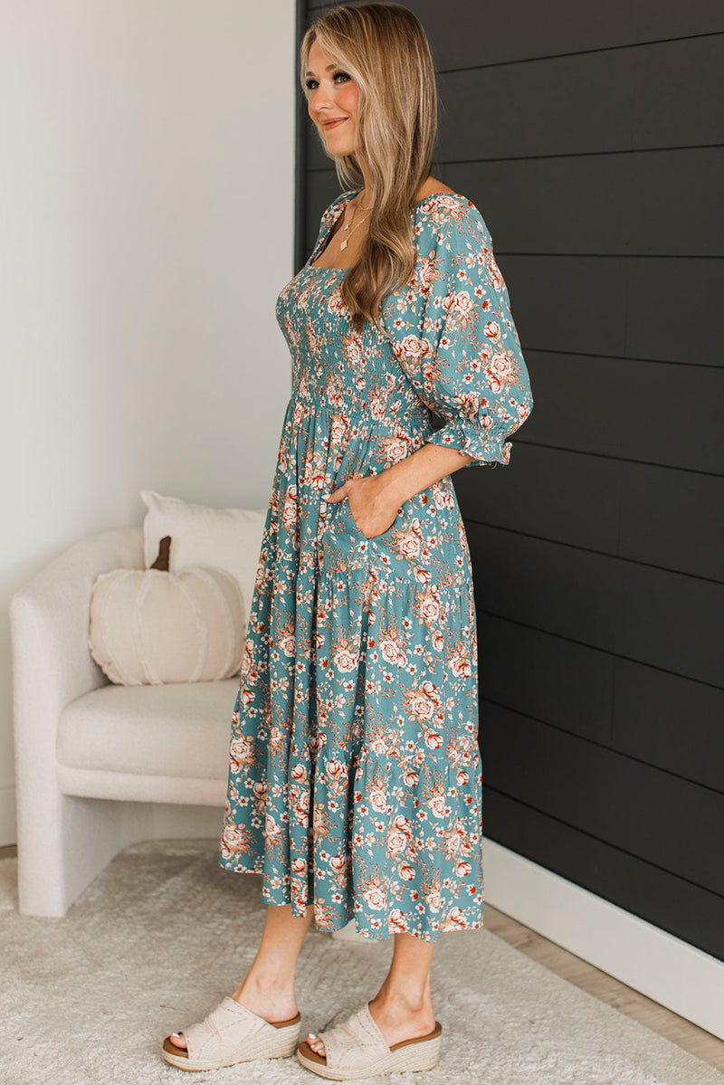 Green Plus Size Floral Print Smocked Tiered Maxi Dress