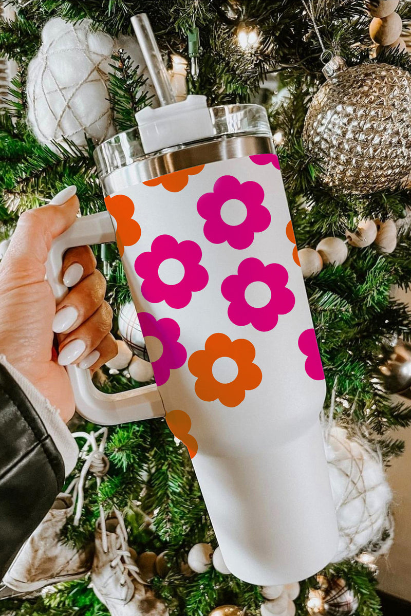 White Flower Print Handle Stainless Steel Tumbler with Straw