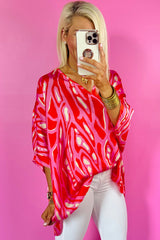 Red Abstract Print V Neck Batwing Sleeve Oversized Blouse