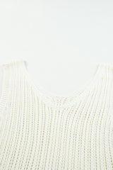 White Hollowed Knit V Neck Tank Top