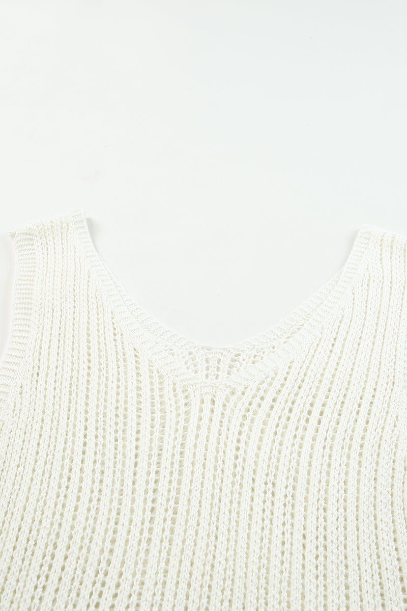 White Hollowed Knit V Neck Tank Top