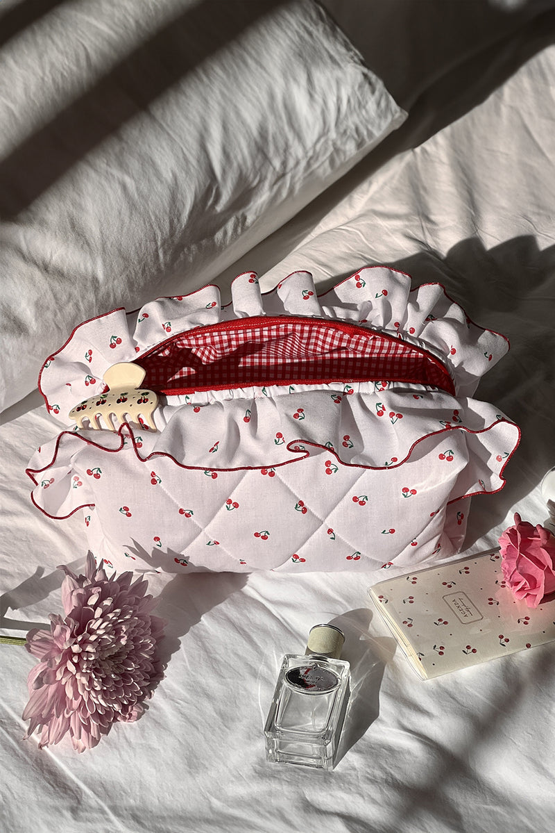 White Quilted Cute Cherry Print Ruffle Zipper Makeup Bag