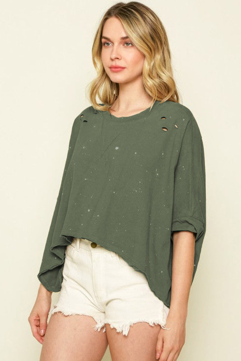 Green Half Sleeve Distressed Asymmetrical Top