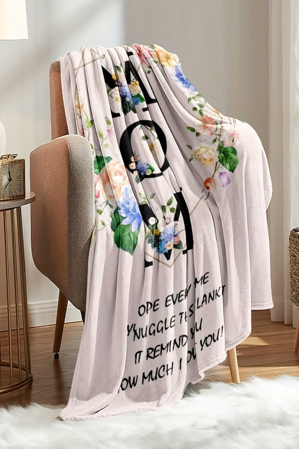 White MOM Floral Print Flannel Blanket 130*150cm