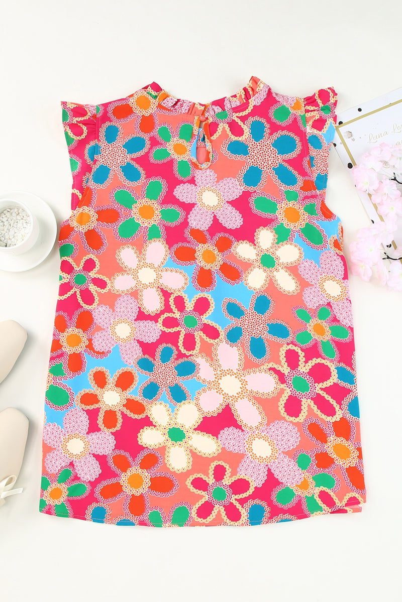 Pink Floral Print Boho Sleeveless Blouse