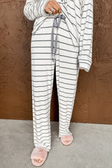 White Striped Print Long Sleeve Top & Drawstring Pants Pajamas Set
