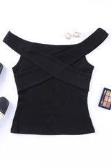 Black Slim Fit Crisscross Front Ribbed Off Shoulder Top