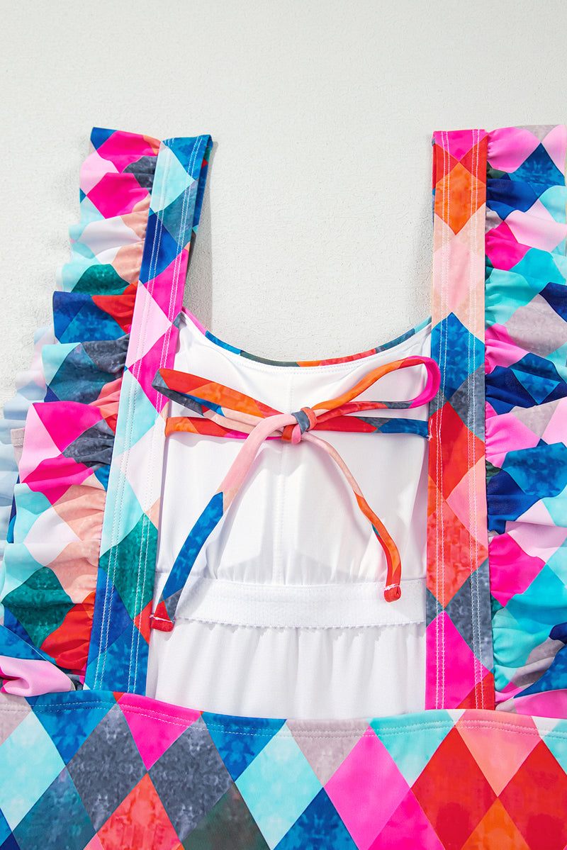 Multicolor Plaid Print Square Neck Frill Sleeveless Backless One-piece Swimwear