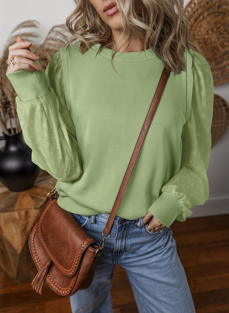 Mist Green Eyelet Embroidered Sleeve Patchwork Ribbed Sweatshirt