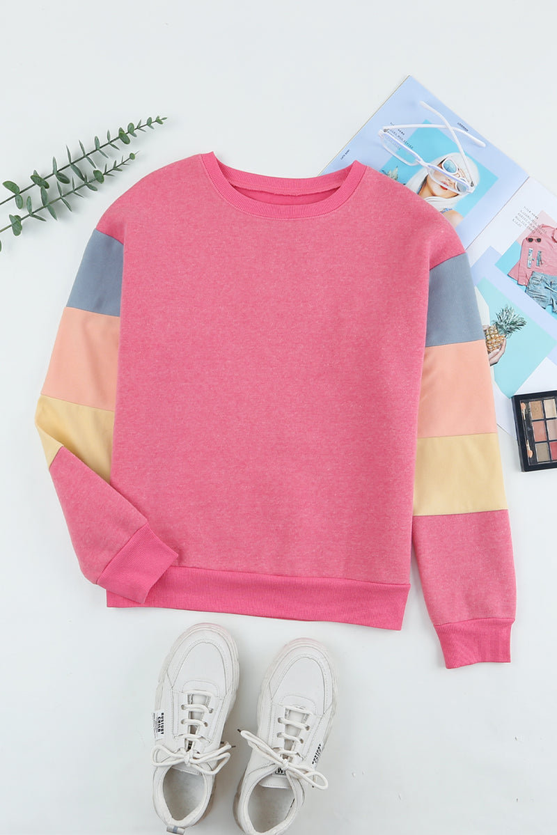 Rosy Color Block Casual Drop Sleeve Sweatshirt