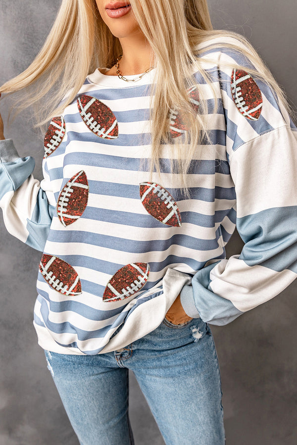 Stripe Sequined Rugby Graphic Round Neck Sweatshirt