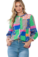 Multicolor Floral Patchwork Buttoned Puff Sleeve Shirt