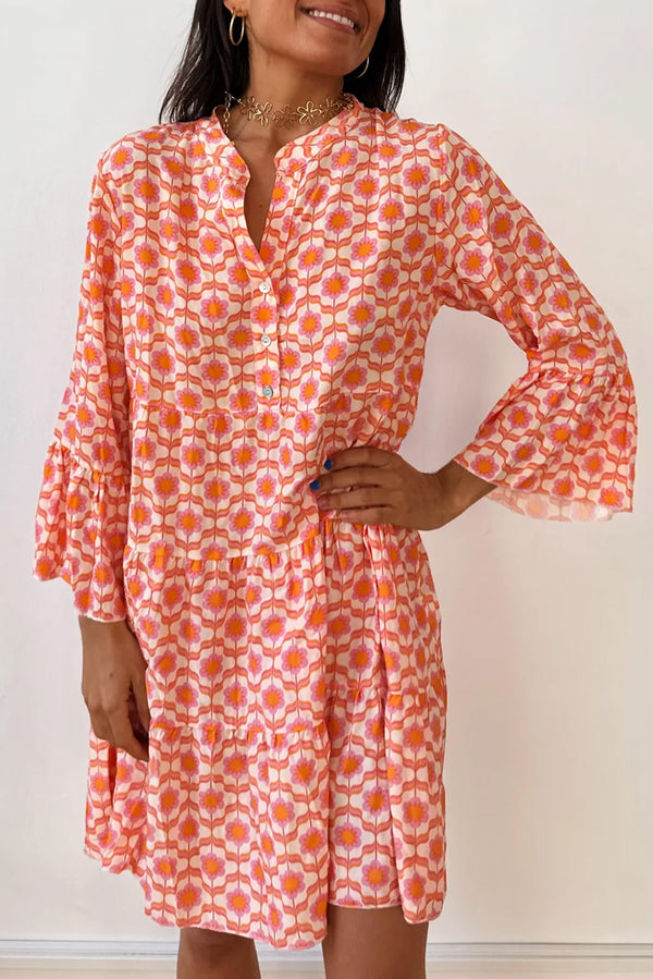 Orange Floral Button V Neck Bell Sleeve Mini Dress