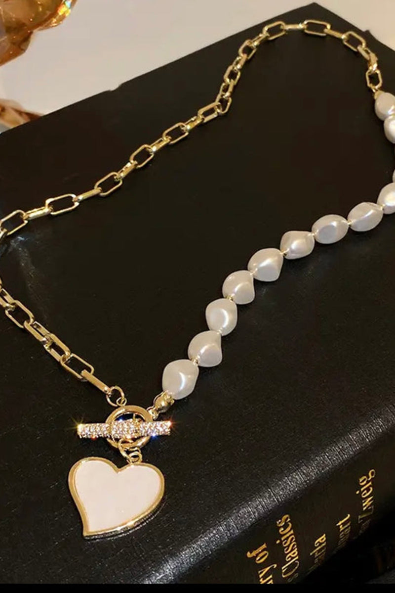 Gold Heart Shape Pendant Rhinestone Pearl Chain Necklace