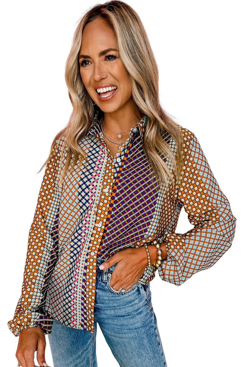 Brown Dot Print Long Sleeve Button Down Shift Shirt