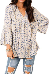 Animal Spot Print Boho Notch Neck 3/4 Sleeve Peasant Blouse