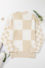 Flaxen Plaid Knitted Drop Shoulder Sweater