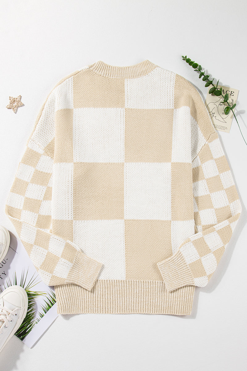 Flaxen Plaid Knitted Drop Shoulder Sweater