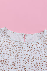 White Cheetah Print Lantern Sleeve Crew Neck Blouse