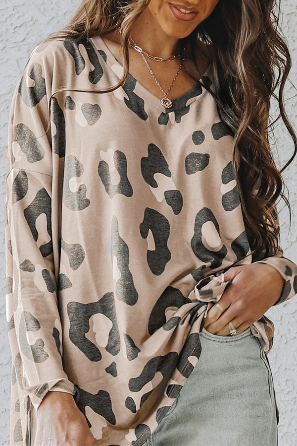 Khaki Leopard Print V Neck Long Sleeve Shirt