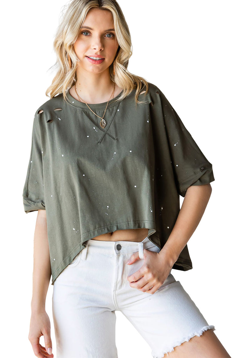 Green Half Sleeve Distressed Asymmetrical Top