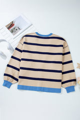 White Stripe Colorblock Drop Shoulder Buttoned Loose Cardigan