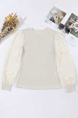 Beige Sunflower Mesh Long Sleeve Waffle Knit Top