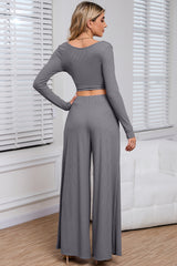 Pink Plain Ribbed Crop Top & Wide Leg Pants Two Piece Pants Set