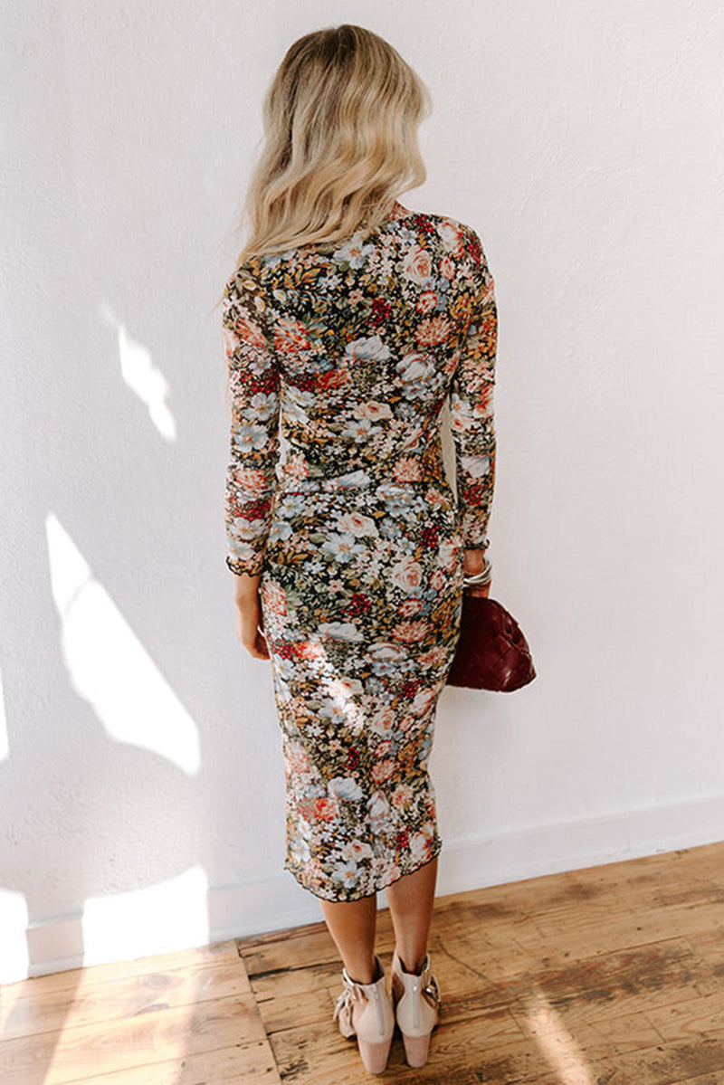 Brown Floral Allover Print Mock Neck Bodycon Midi Dress