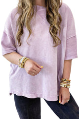 Orchid Petal Mineral Wash Drop Sleeve Patchwork Plus Size Tee