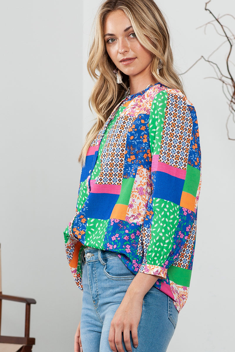 Multicolor Floral Patchwork Buttoned Puff Sleeve Shirt