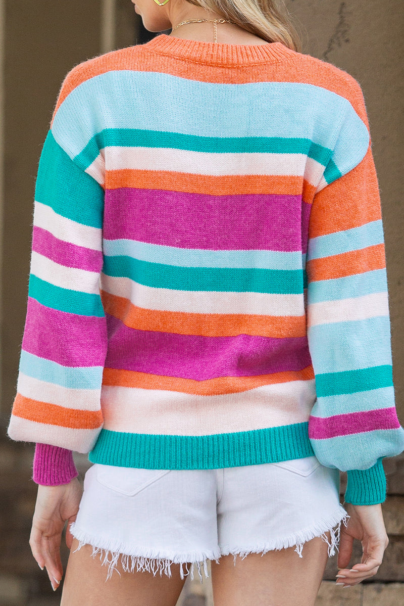 Multicolor Striped Knit Drop Shoulder Lantern Sleeve Sweater