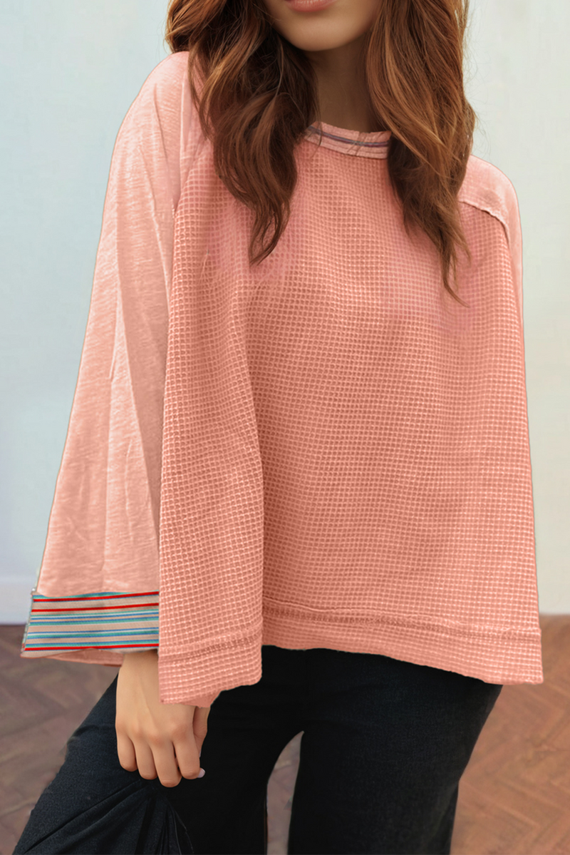 Grapefruit Orange Patchwork Long Sleeve Waffle Top