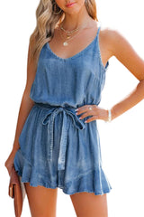 Ashleigh Blue Spaghetti Straps V Neck Belted Ruffle Hem Denim Romper