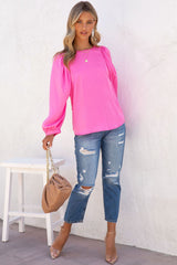 Pink Plain Satin Puff Long Sleeve Crewneck Blouse