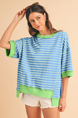 Sky Blue Stripe Contrast Drop Sleeve Loose Top