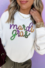 White Sequin mardi gras Graphic Crewneck Pullover Sweatshirt