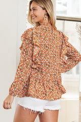 Orange Ditsy Floral Boho Ruffle Long Sleeve Blouse