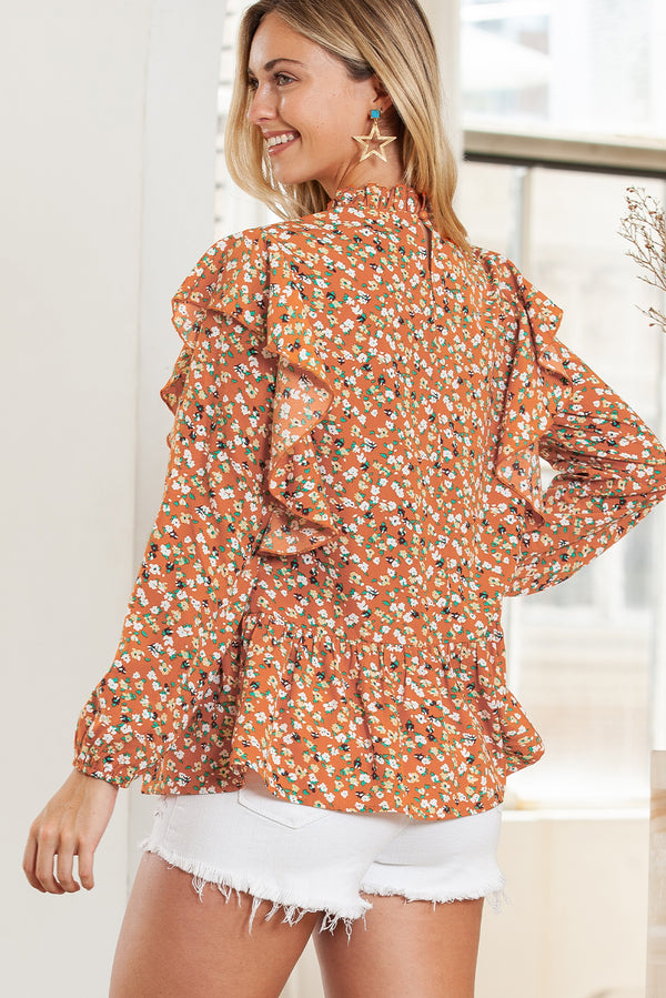 Orange Ditsy Floral Boho Ruffle Long Sleeve Blouse