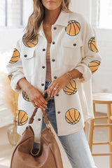 Beige Sequin Basketball Graphic Textured Snap Button Shacket