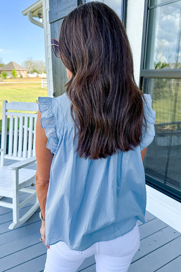 Sky Blue Ric Rac Trim Collared Pleated Ruffle Top