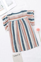 Pink and Blue Stripes Shirt Flutter Sleeve V Neck Blouse for Women