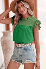 Orange Colorblock Splicing Pleated Ruffle Trim Blouse